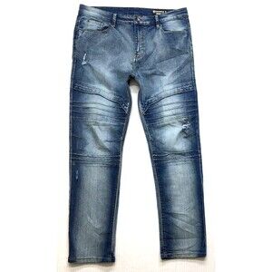 SOUTHPOLE Moto Jean Men 36x30 Skinny Fit Stretch Distressed Denim Blue